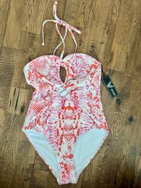 NWT Go CoCo One Piece Swimsuit Halter Pink Orange Women's Size S7